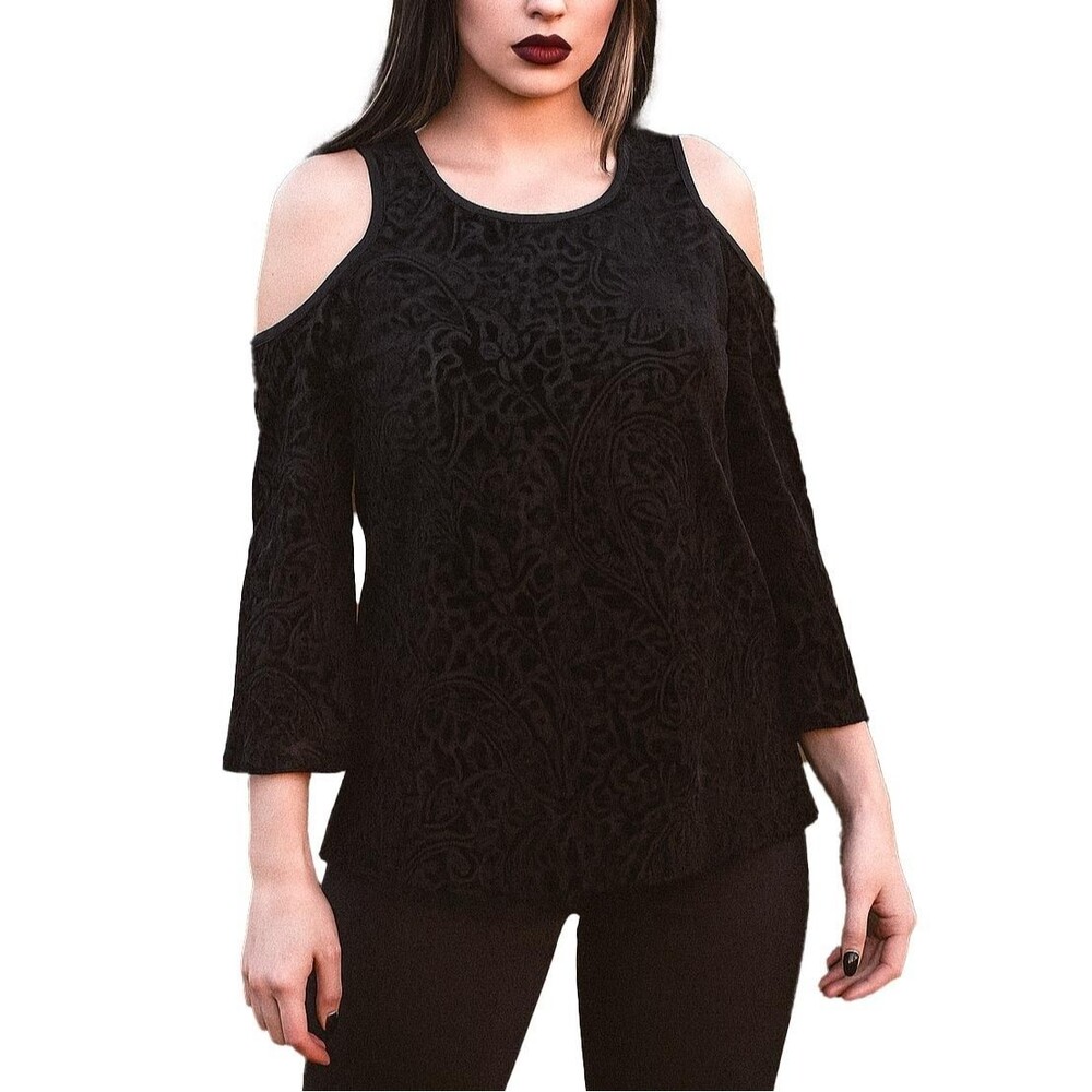 Francescas Top Womens M Black Floral Flocked Velvet Cold Shoulder Sheer Goth NWT